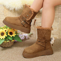Camel round-toe platform boots with double buckles and shearling-like lining