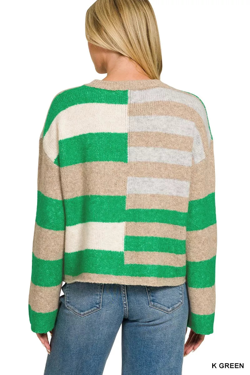 Back view of lightweight wool blend color block sweater in green and tan