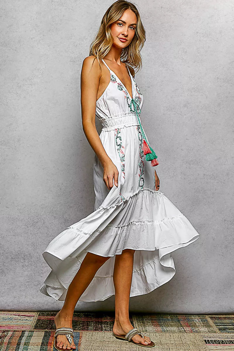 Ivory cami midi dress with side embroidery, smocked waist, tassel tie detail