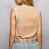 Mocha striped ribbed sleeveless tank with light blue V-back contrast trim, back view