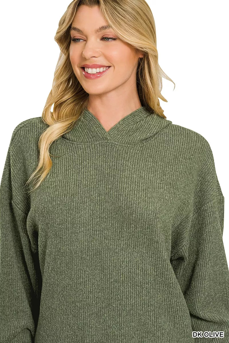 Dark olive knit hoodie with hood, V-neck seam, and relaxed fit