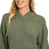 Dark olive knit hoodie with hood, V-neck seam, and relaxed fit