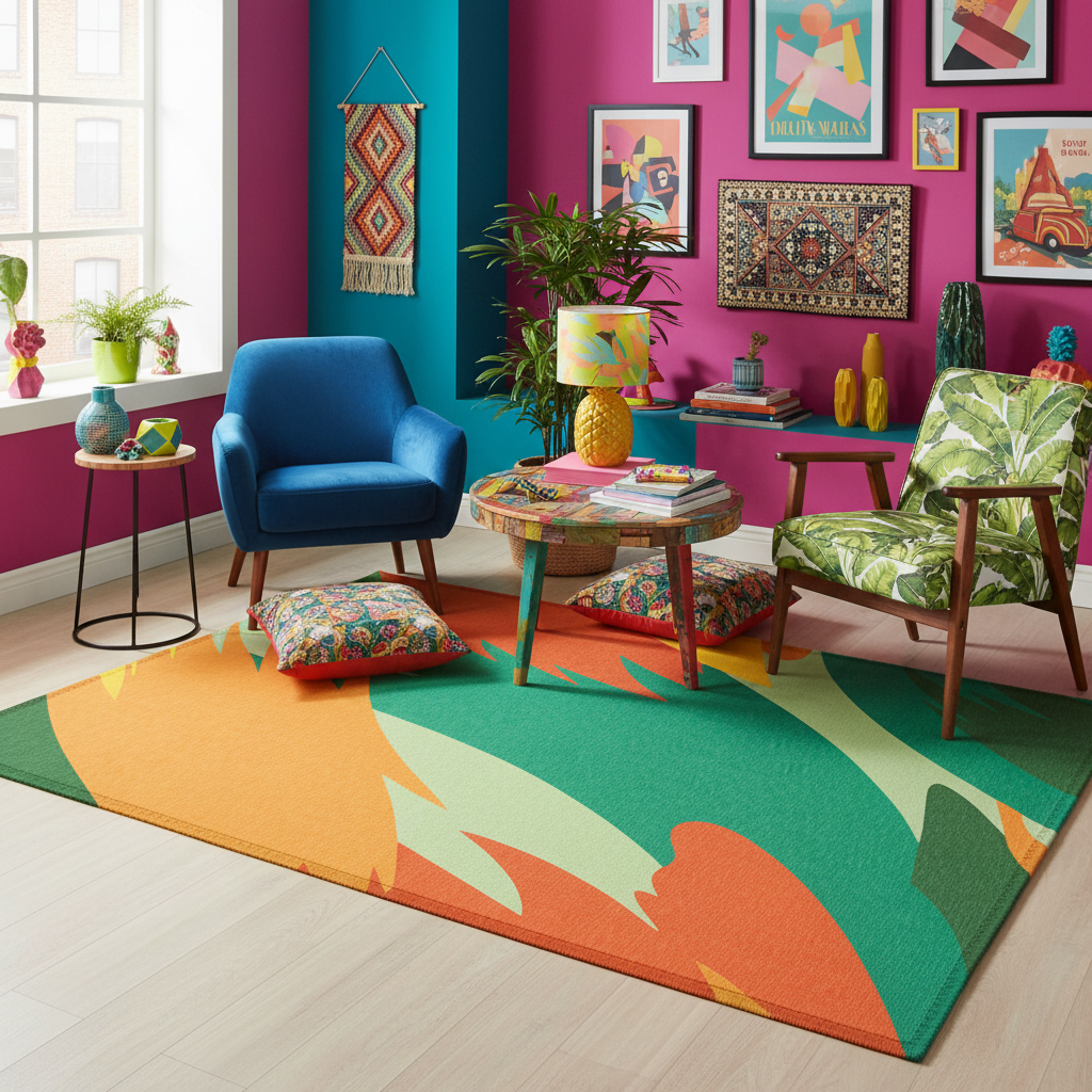 Abstract geometric rug with orange and green curves and layered teal panels