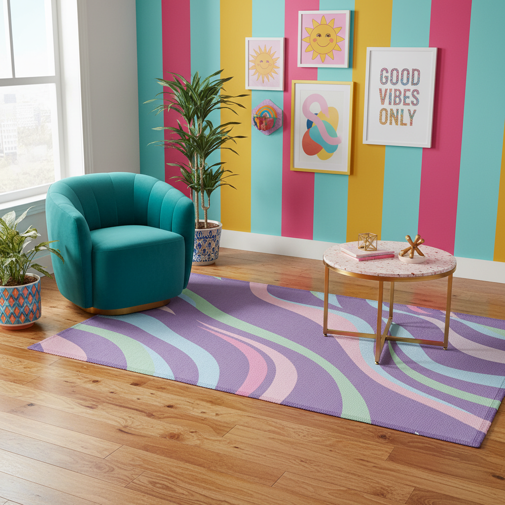 Purple wavy geometric rug with mint and teal stripe bands, rectangular mat.