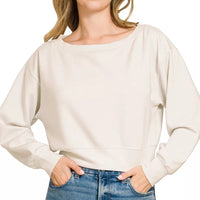 Bone cropped boat-neck pullover sweatshirt with long sleeves, relaxed fit
