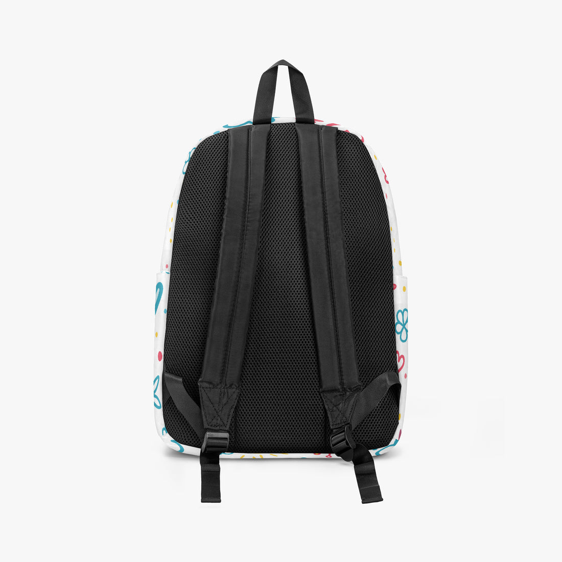 Back view of small kids canvas backpack with black padded straps and colorful doodle print