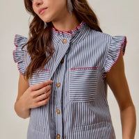 Ruffled sleeveless vest top with blue-and-white stripes, red-trim placket, chest pockets, buttons