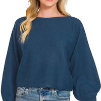 Teal boat-neck balloon sleeve sweater, wide cuffs and dropped shoulder