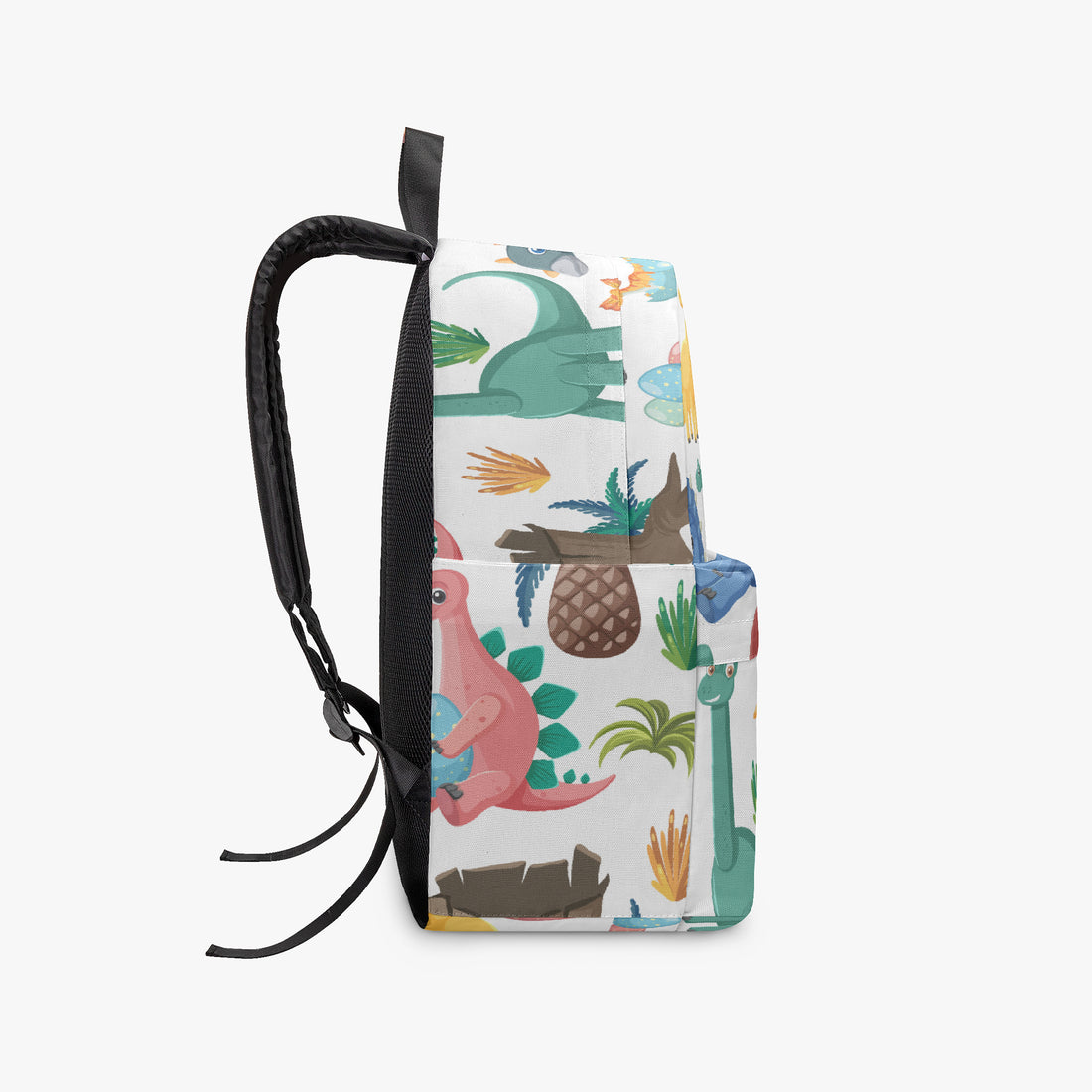 Kids dinosaur backpack other side view with multicolor jungle dinosaur print and black shoulder strap