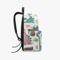 Kids dinosaur backpack other side view with multicolor jungle dinosaur print and black shoulder strap