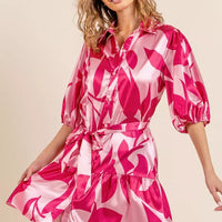 Fuchsia leaf-pattern satin mini dress with pointed collar and belted waist