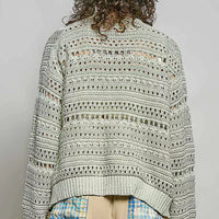 Light gray open-knit cardigan back with repeating crochet rows and long sleeves
