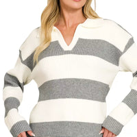 Striped collared sweater with grey and ivory bands, long sleeves, V-neck placket