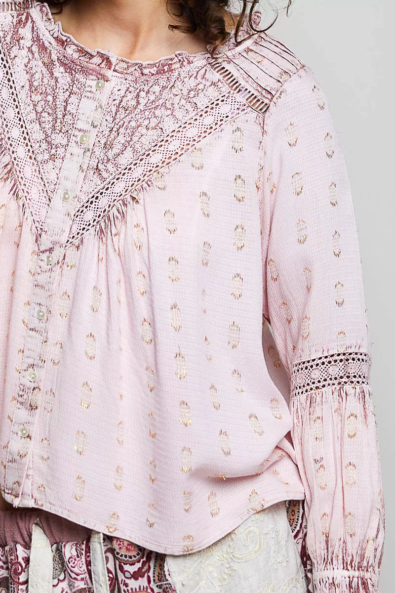 Rose pink embroidered lace yoke blouse with gathered neckline and smocked sleeve cuff