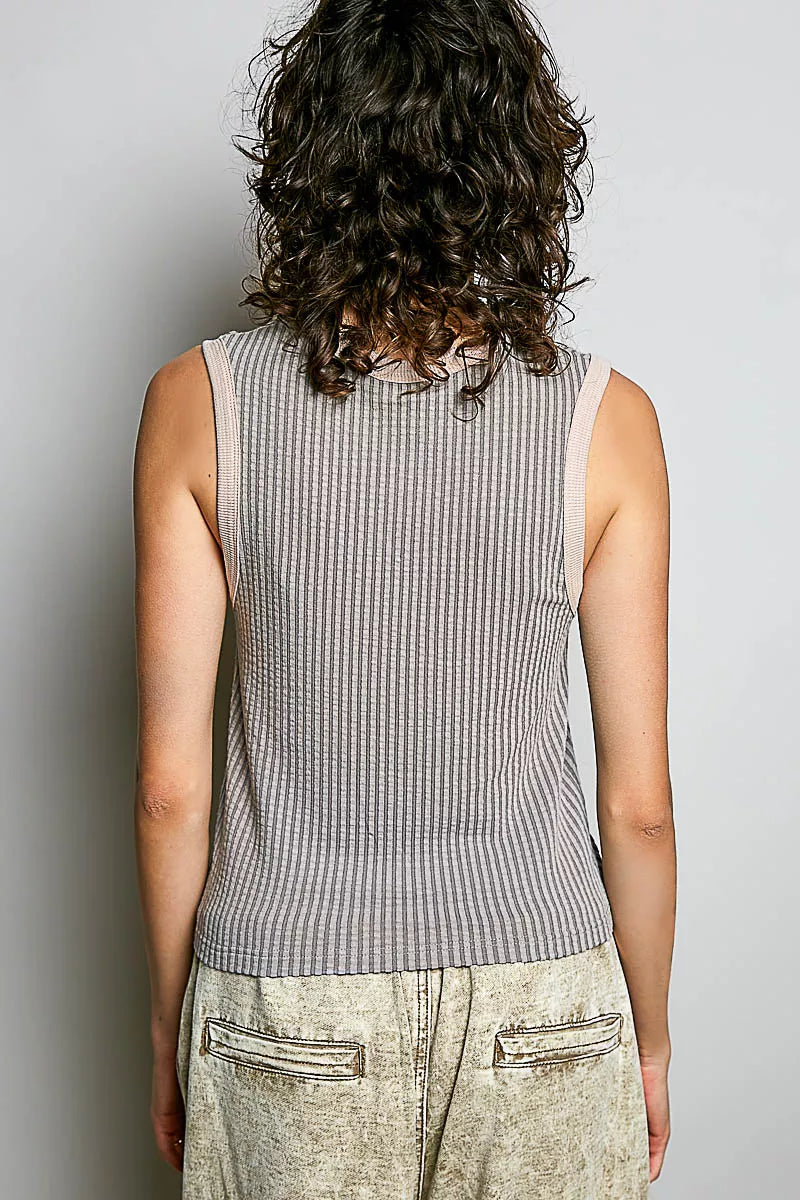 Light grey ribbed sleeveless tank with V-neck contrast trim, back view.