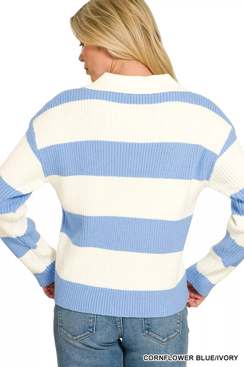 Back view of blue and ivory striped collared sweater with ribbed knit hem