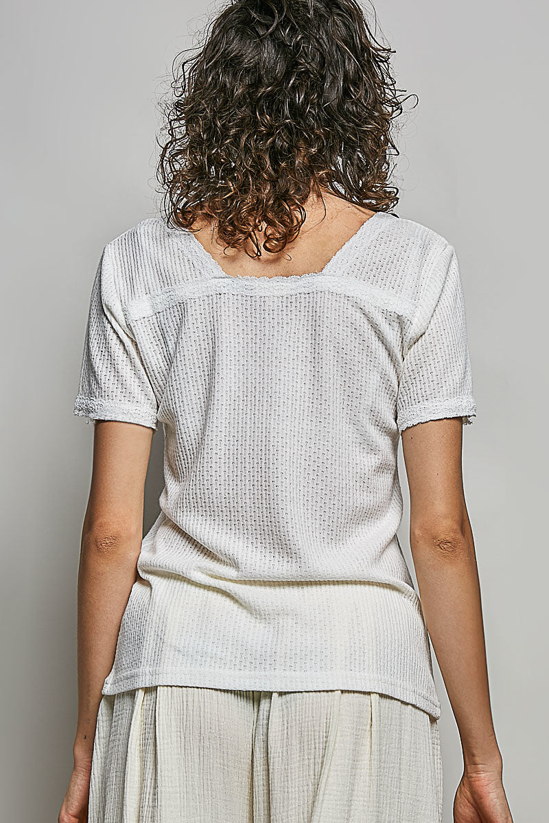 Off-white textured V-neck short-sleeve t-shirt, back view