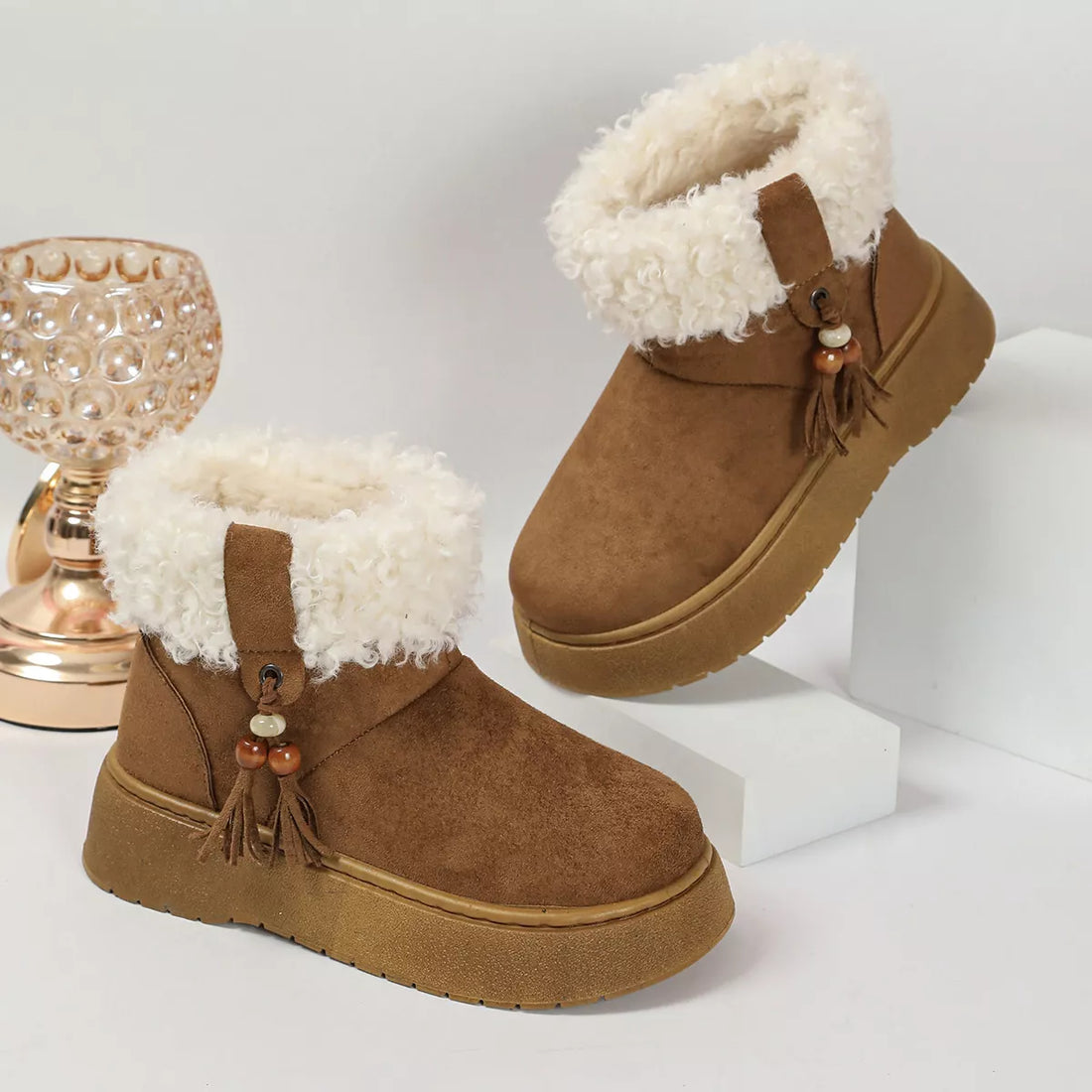 Faux fur lined ankle boots, round toe, camel-brown suede with white fuzzy trim and tassel charm