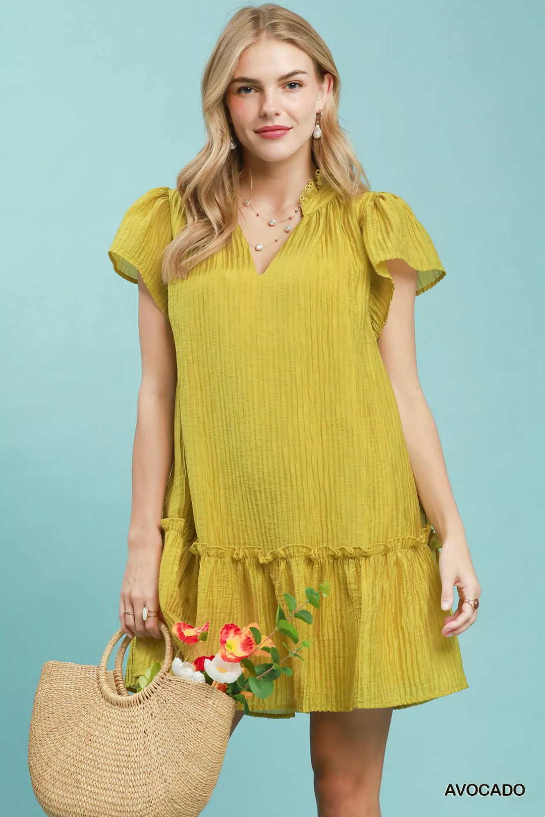 Avocado yellow textured mini dress with ruffle V-neck and tiered ruffle hem