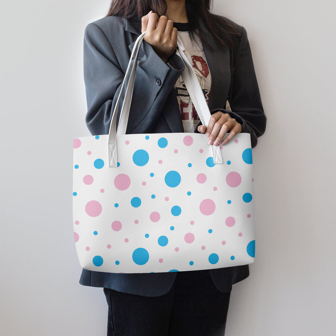 White Pink and Blue Polka Dot Bag Vegan Leather Shoulder Tote
