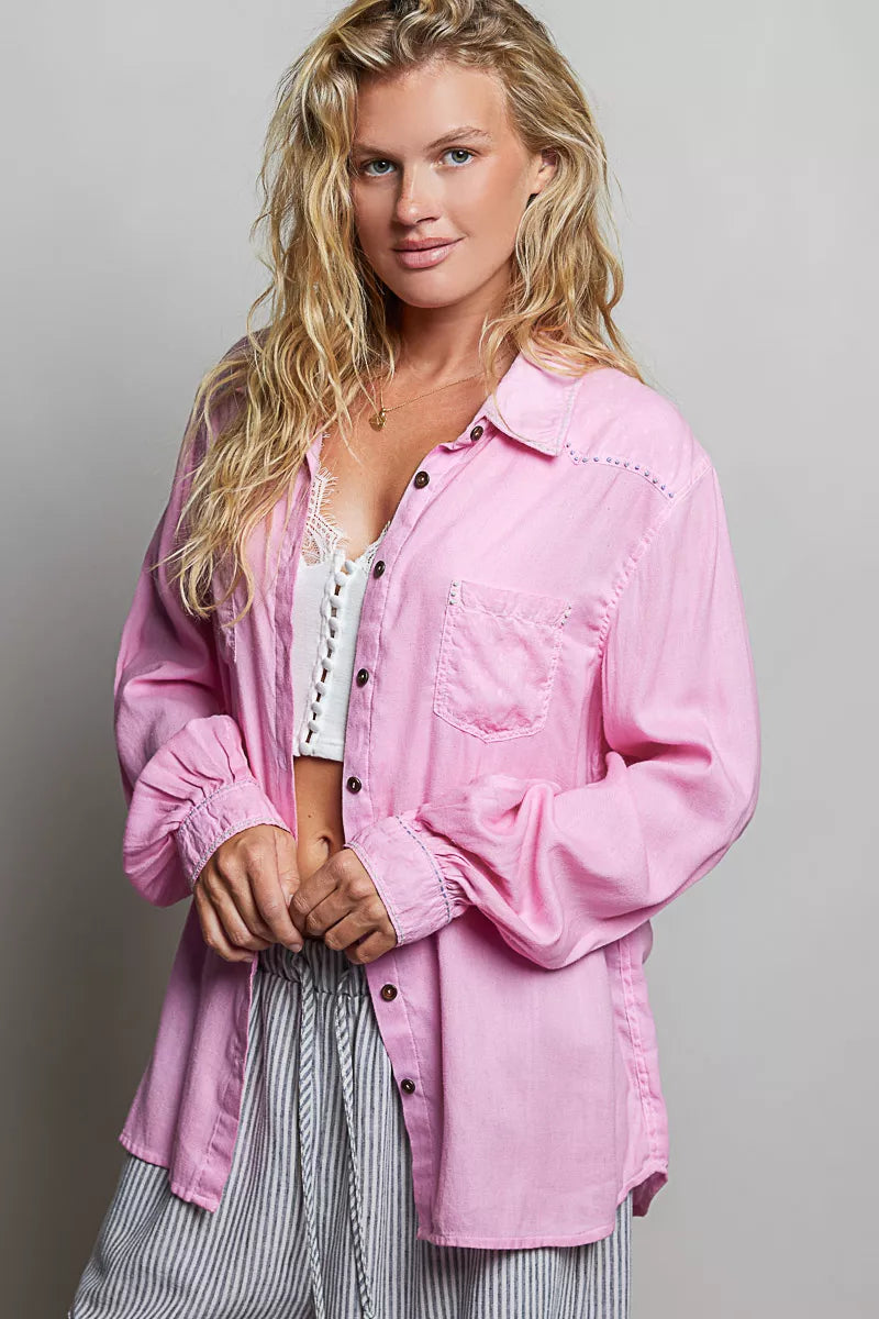Candy pink washed textured cotton western button-front shirt with pointed collar