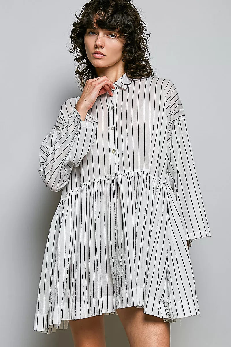 Striped shirt dress with button front, point collar, long sleeves, and gathered skirt