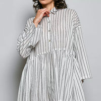 Striped shirt dress with button front, point collar, long sleeves, and gathered skirt