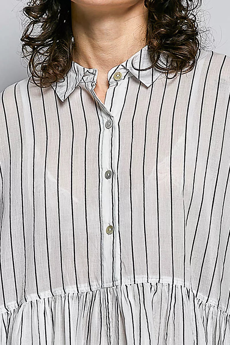 Striped shirt dress with button placket, point collar, and gathered waist hem