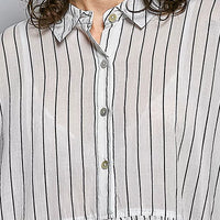 Striped shirt dress with button placket, point collar, and gathered waist hem