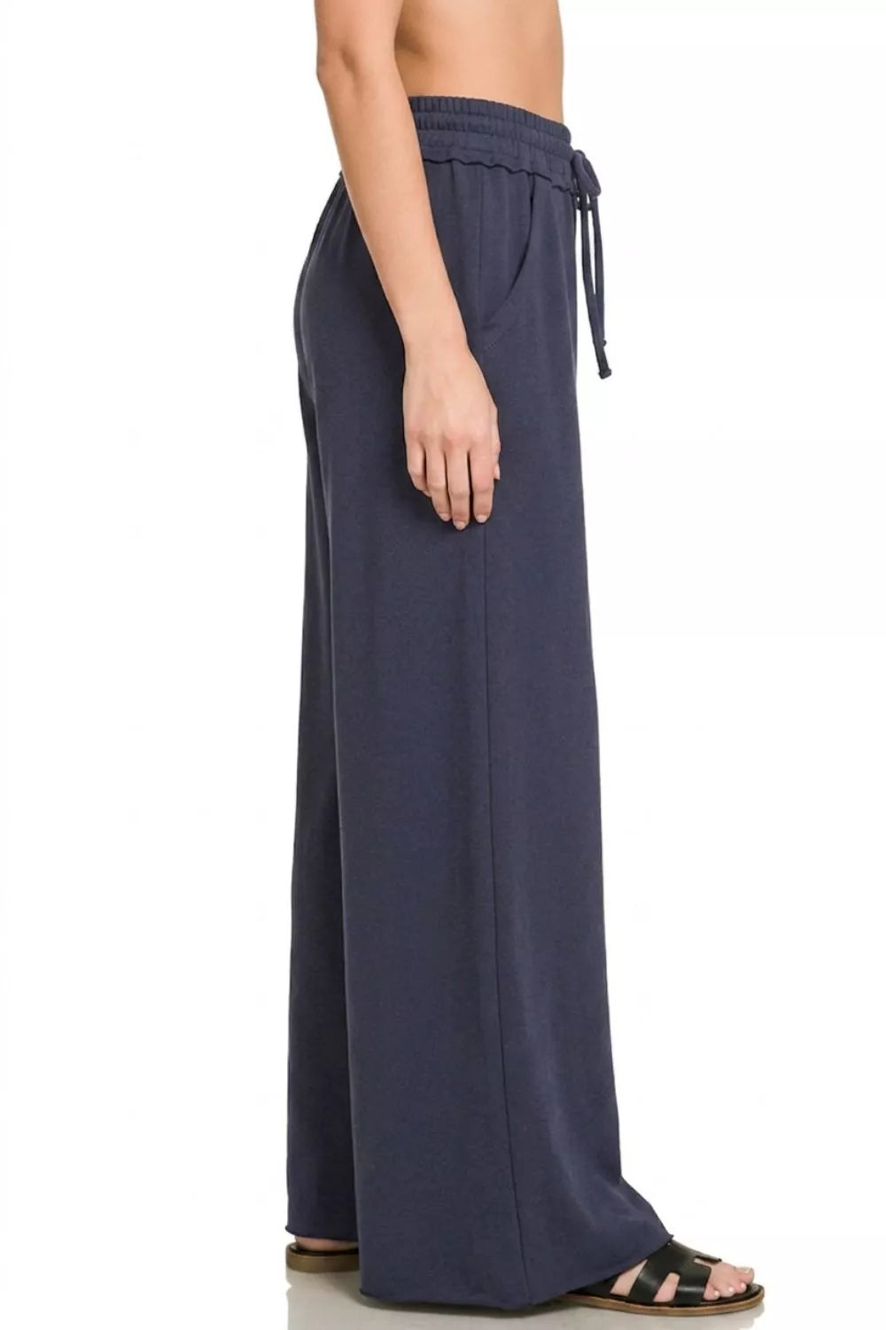 Navy wide-leg sweatpants with drawstring waist, front leg length view