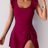 Burgundy ruffled-sleeve swim dress with scoop neck and side-tied skirt slit