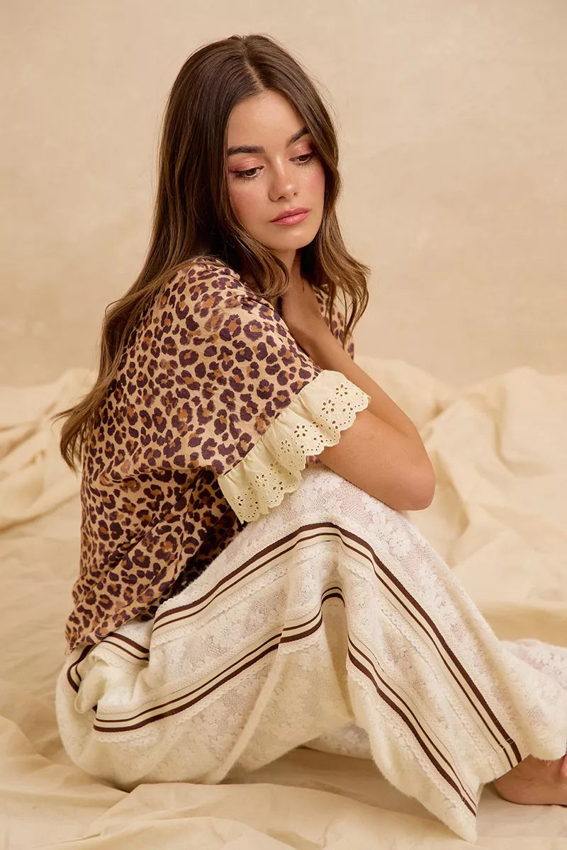 Leopard print top and shorts set with lace ruffle sleeves and eyelet trim