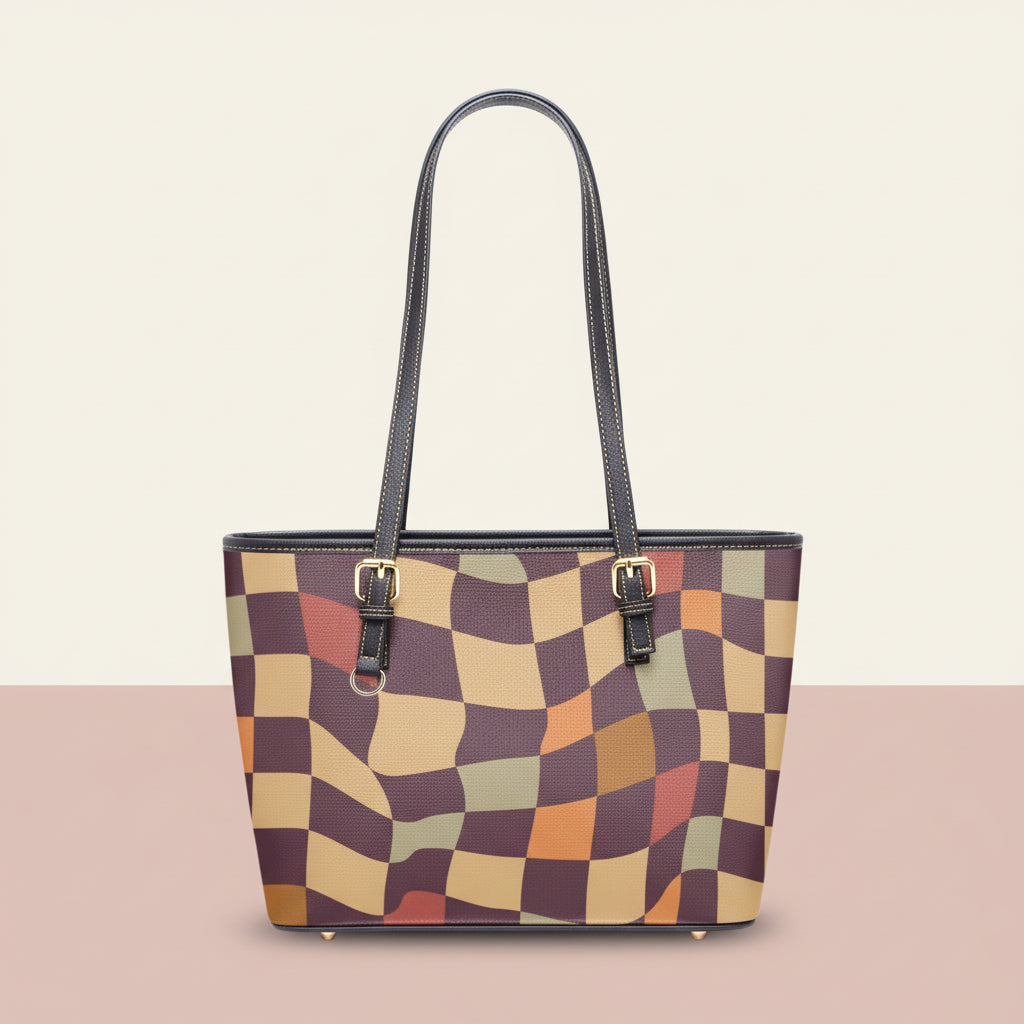 Checkered Tote Bag | Large Retro Wavy Warped Twill Faux Leather Purse