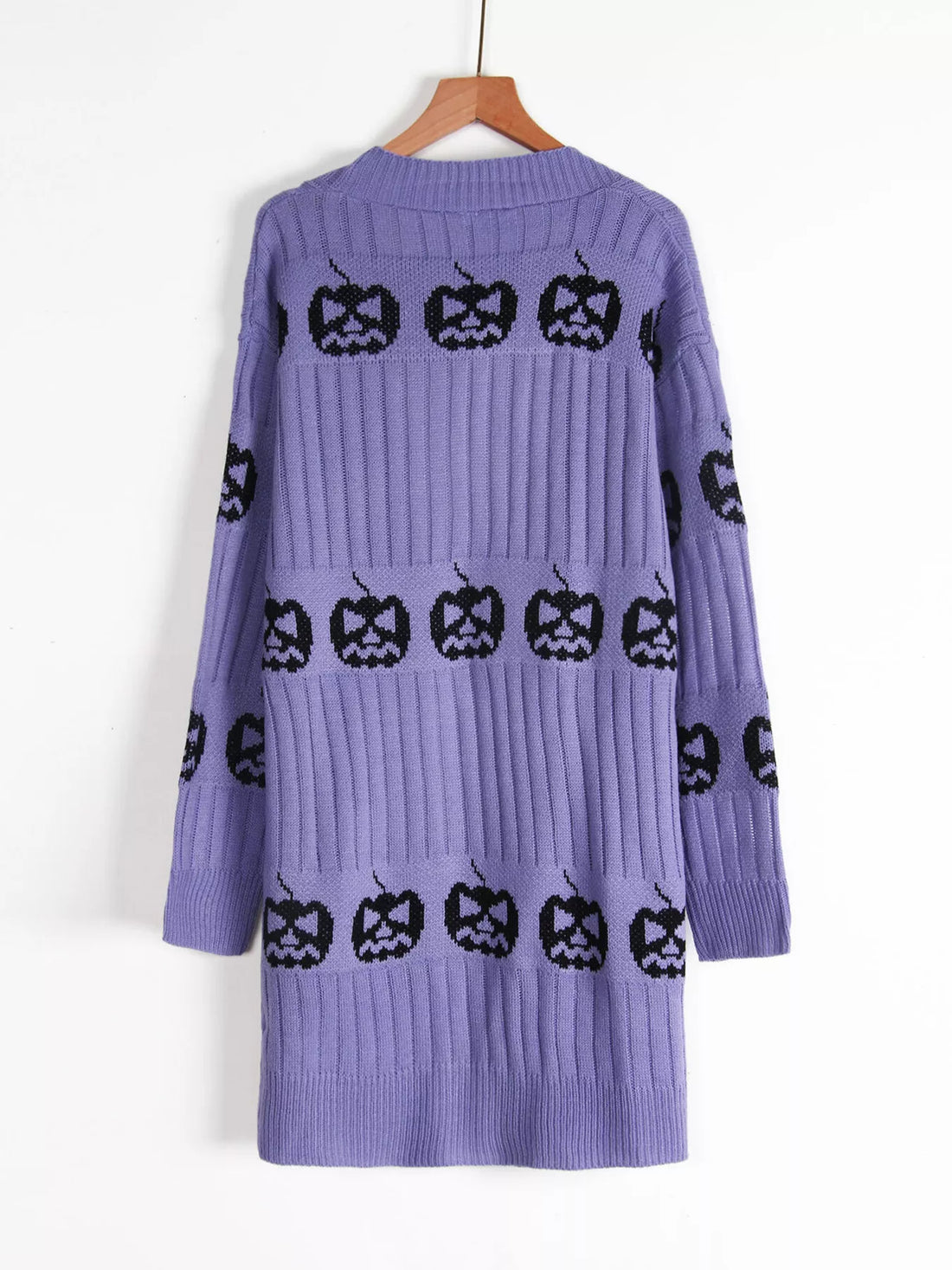 Purple open-front knit cardigan, back view with black jack-o-lantern pattern