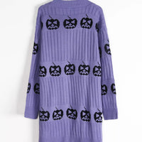 Purple open-front knit cardigan, back view with black jack-o-lantern pattern