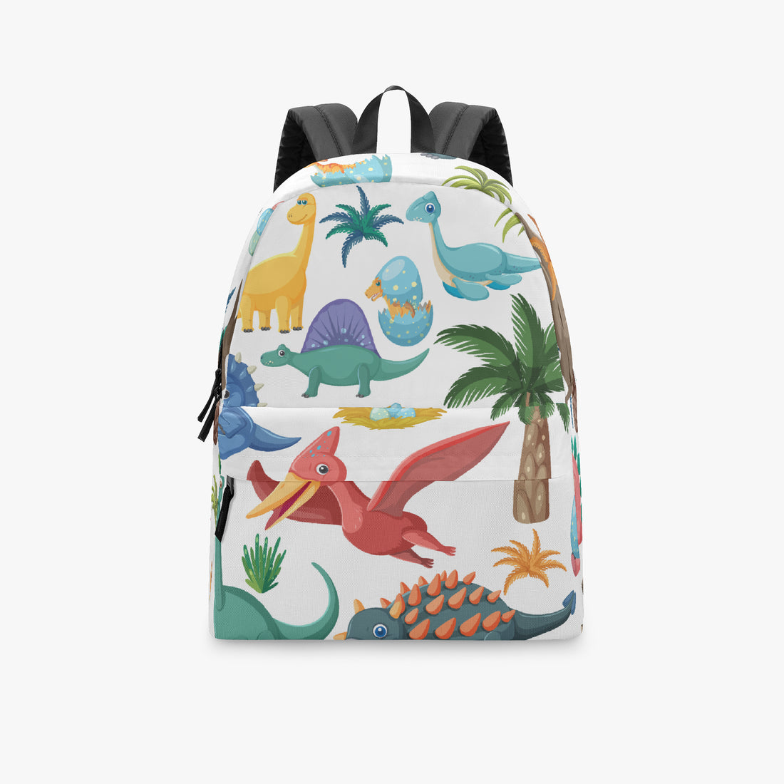 Kids dinosaur backpack, white base with multicolor dinosaur illustration and black straps