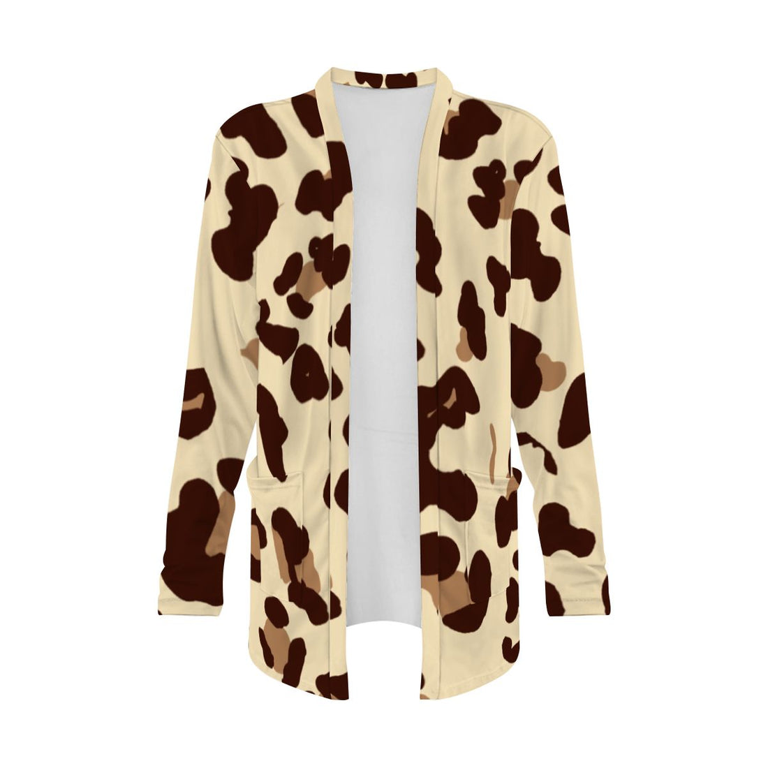 Beige Leopard Print Open-Front Cardigan with Pockets
