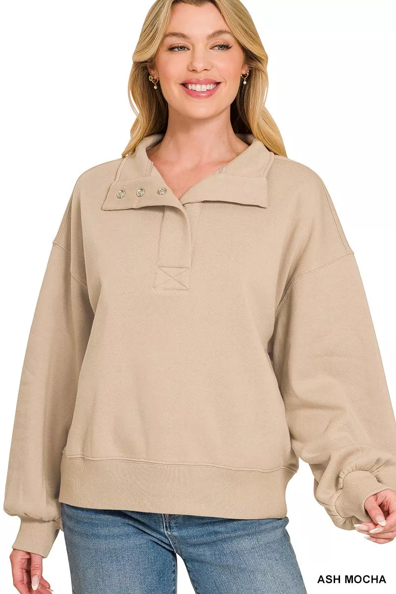 Fleece half-snap sweatshirt in ash mocha with chest snap buttons and relaxed fit