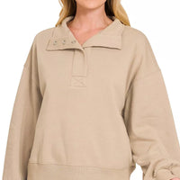 Fleece half-snap sweatshirt in ash mocha with chest snap buttons and relaxed fit