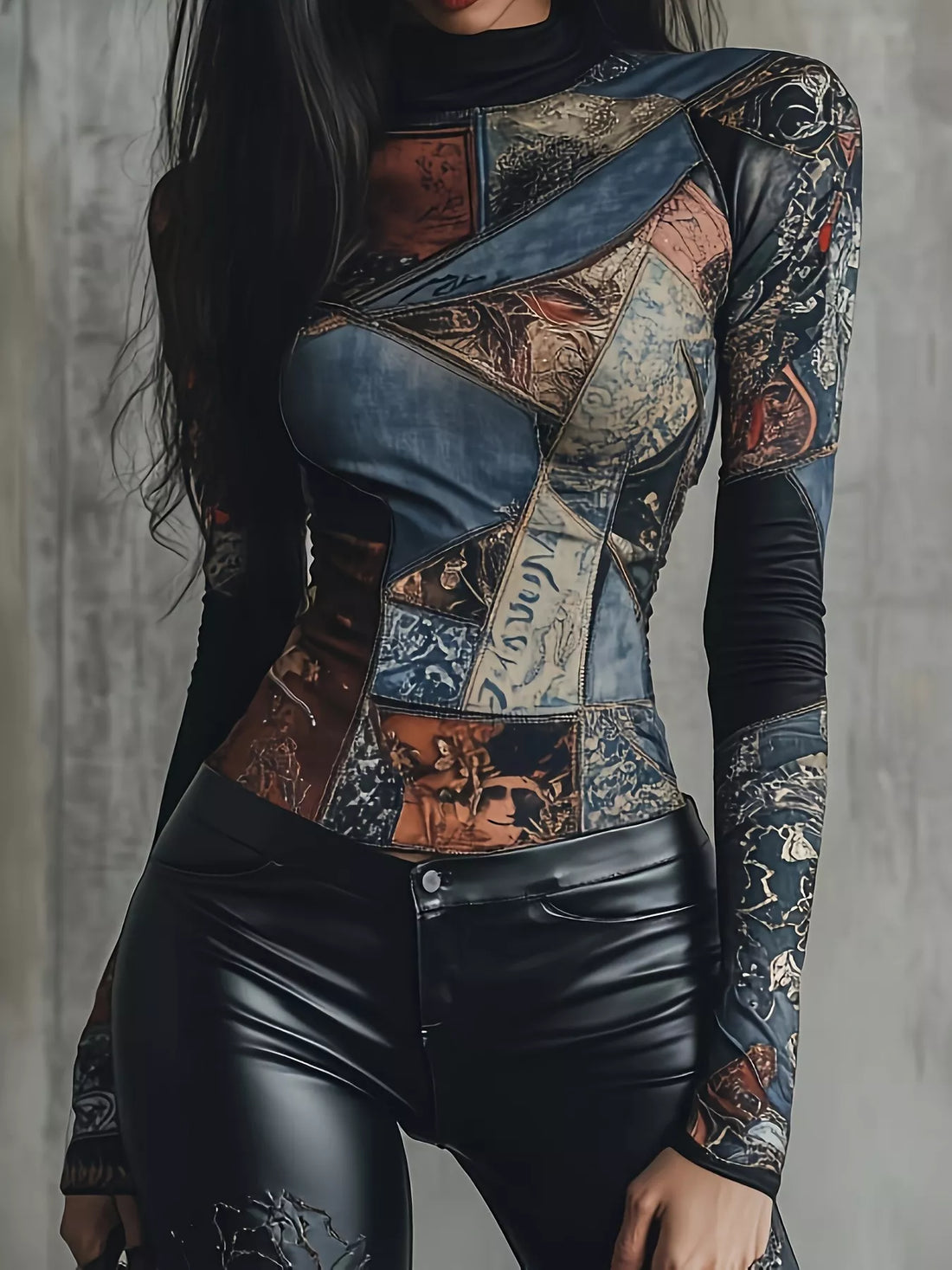Patchwork printed long-sleeve mock neck T-shirt, mixed graphic panels in dark tones