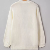 Off-white knit cardigan sweater back view with ribbed hem and long sleeves.