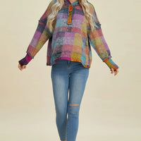 Multicolor plaid fleece hoodie with hood and dropped shoulders, front button placket