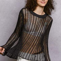 Charcoal openwork knit cover up with round neck and long sleeves