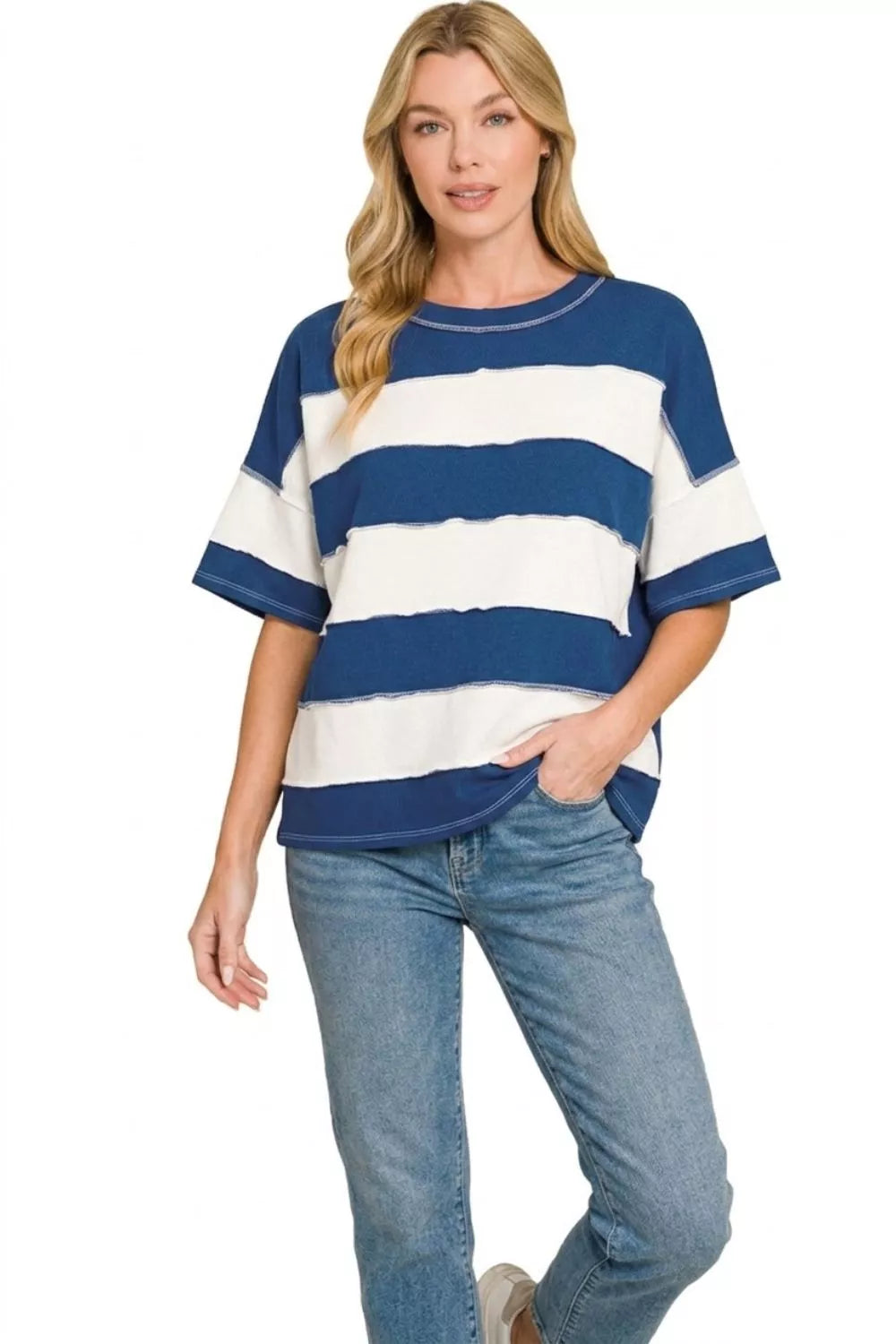 Navy and white striped French terry top with exposed seams and wide short sleeves