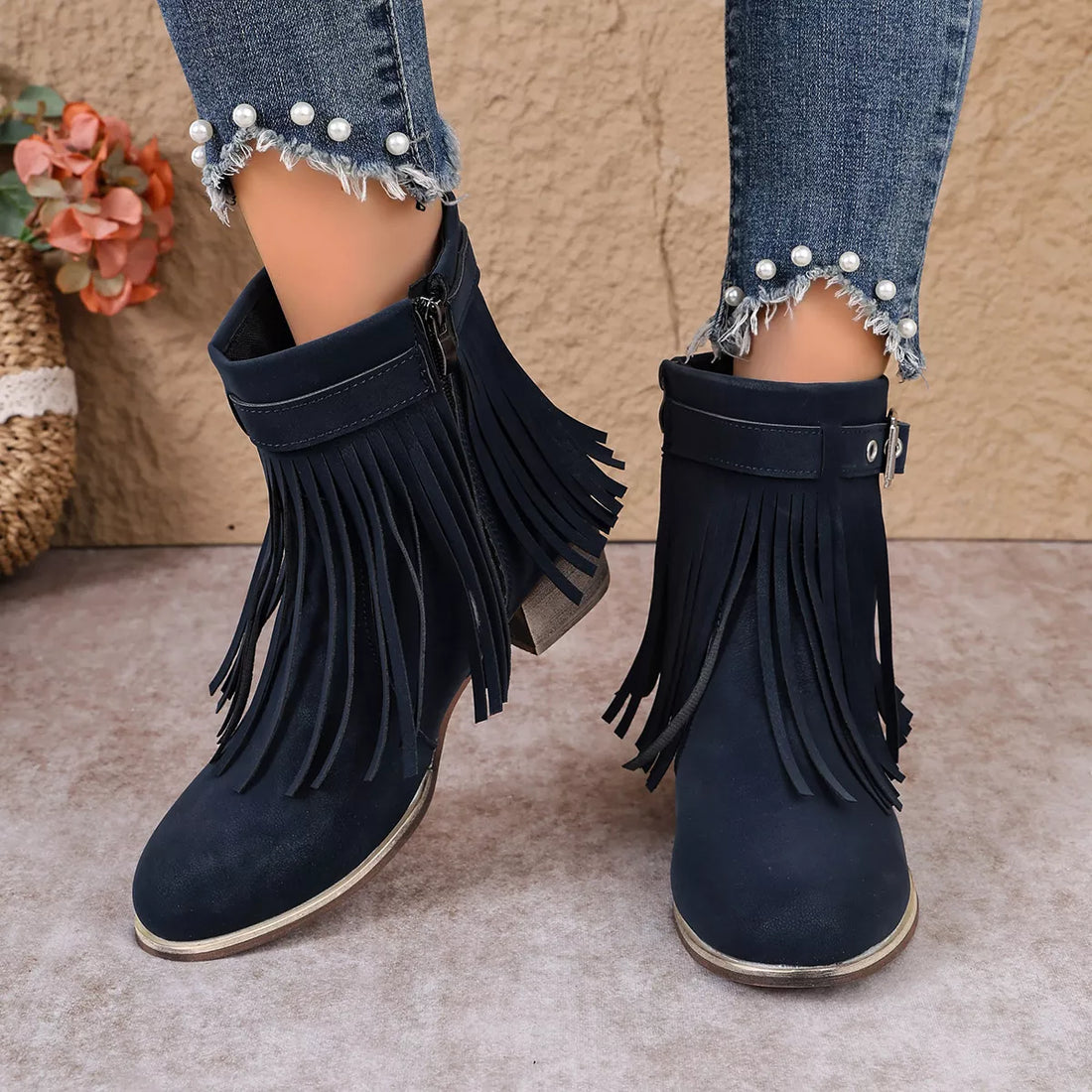 Navy suede fringe ankle boots with side buckle and block heel