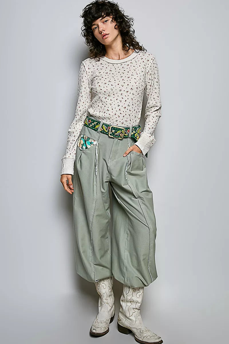 Ivory ribbed knit crew neck long sleeve top with tiny floral print