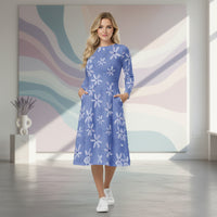 Nordic Frost Blue Floral Dress | White and Blue Folklore Midi