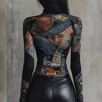 Back view patchwork printed mock neck long-sleeve T-shirt with graphic panel seams