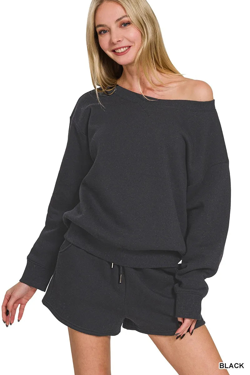 Black fleece boat-neck sweatshirt and drawstring shorts set, off-shoulder neckline