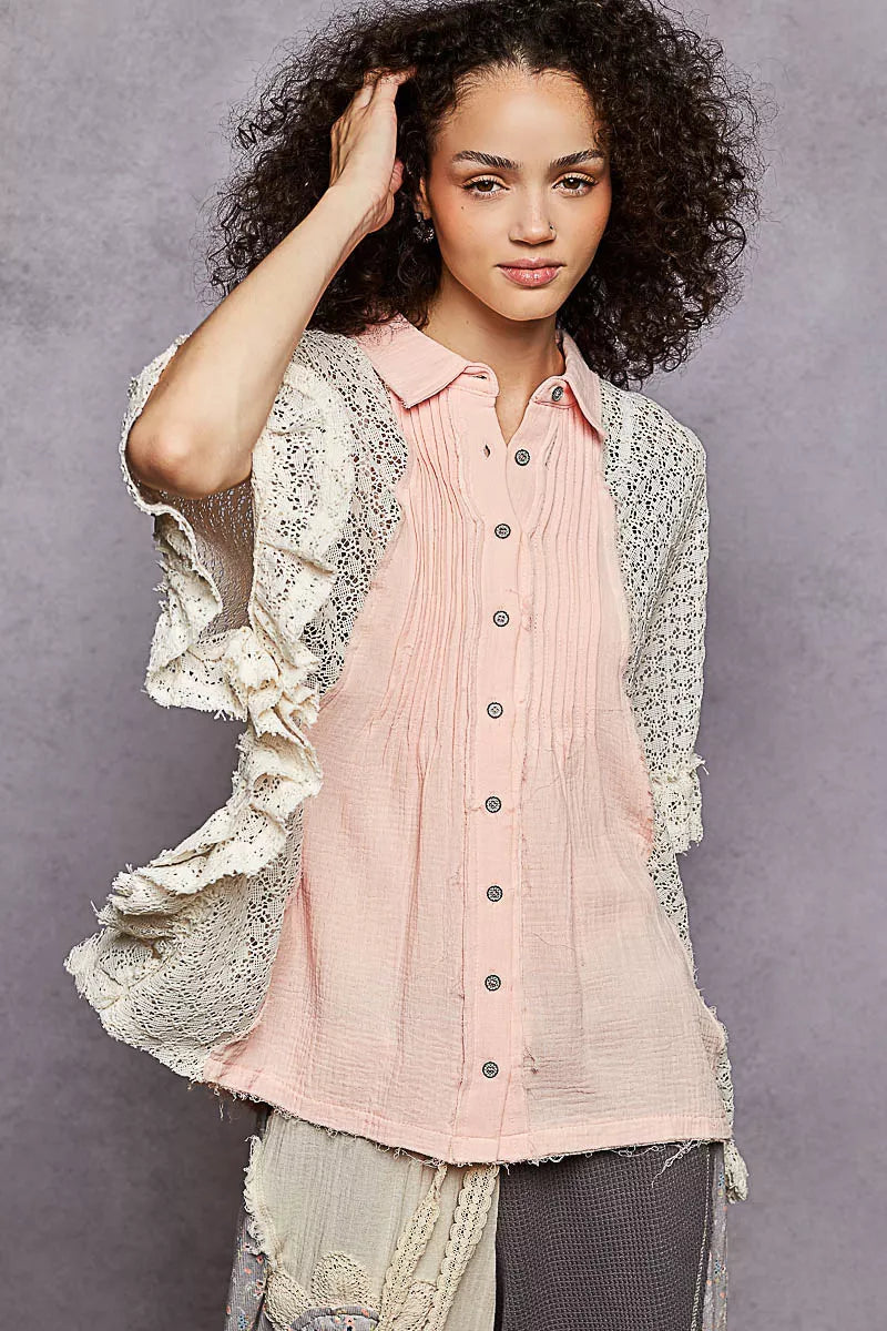 Women’s baby pink button-down pleated shirt with lace crochet patch sleeves